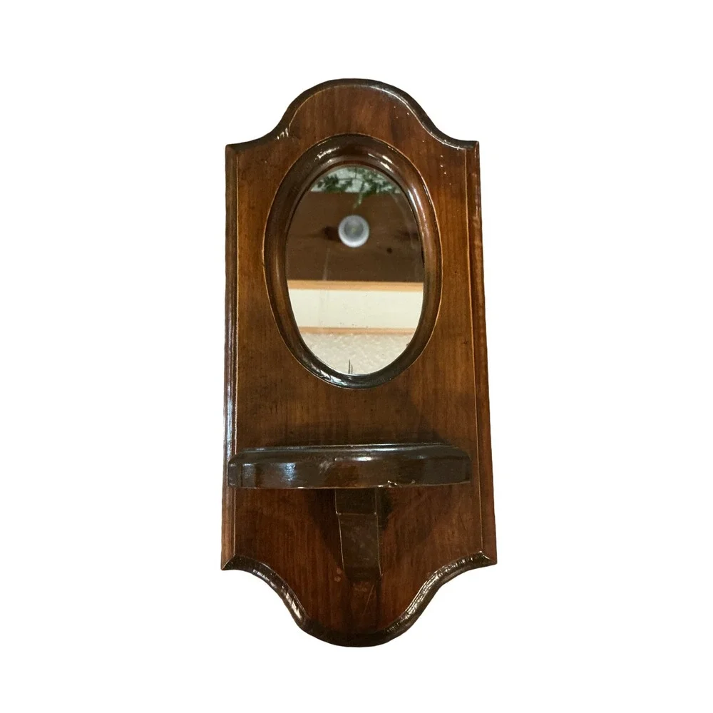 Vintage Wood Wall Mirror with Shelf Oval Glass Scalloped Brown 13x6 Farmhouse